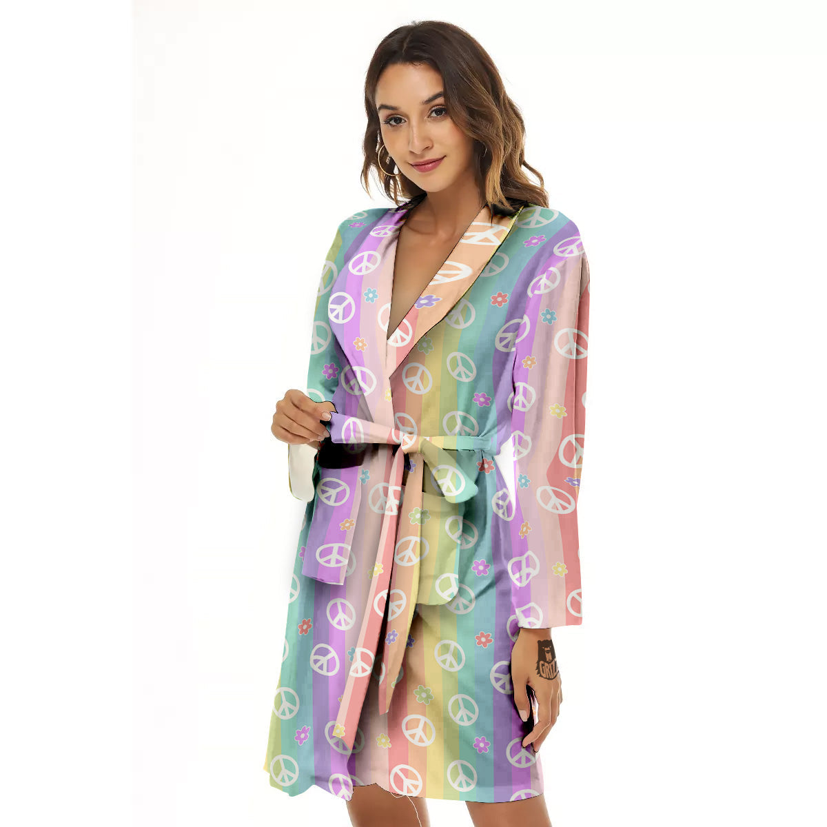 Cute Peace Symbol And Daisy Print Pattern Women's Robe-grizzshop