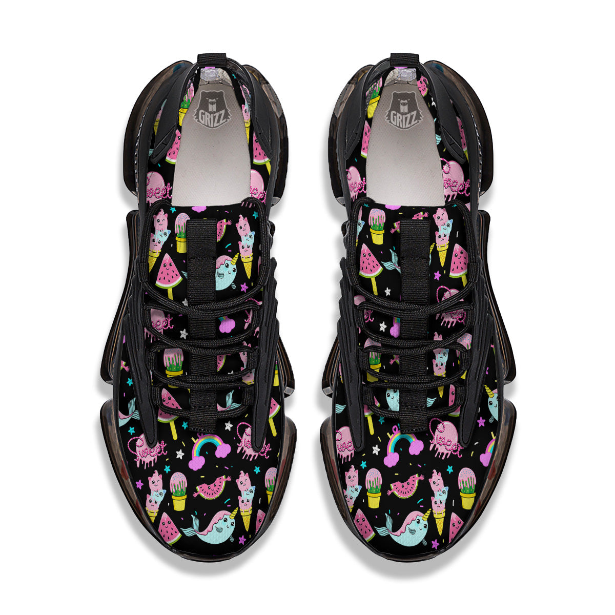 Cute Pink Ice Cream Narwhal Rainbow Print Pattern Black Gym Shoes-grizzshop