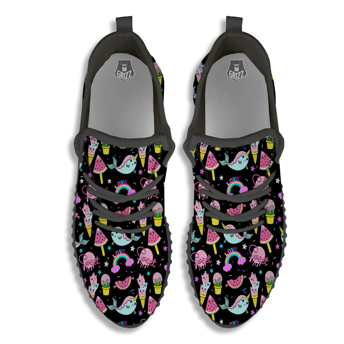 Cute Pink Ice Cream Narwhal Rainbow Print Pattern Black Walking Shoes-grizzshop