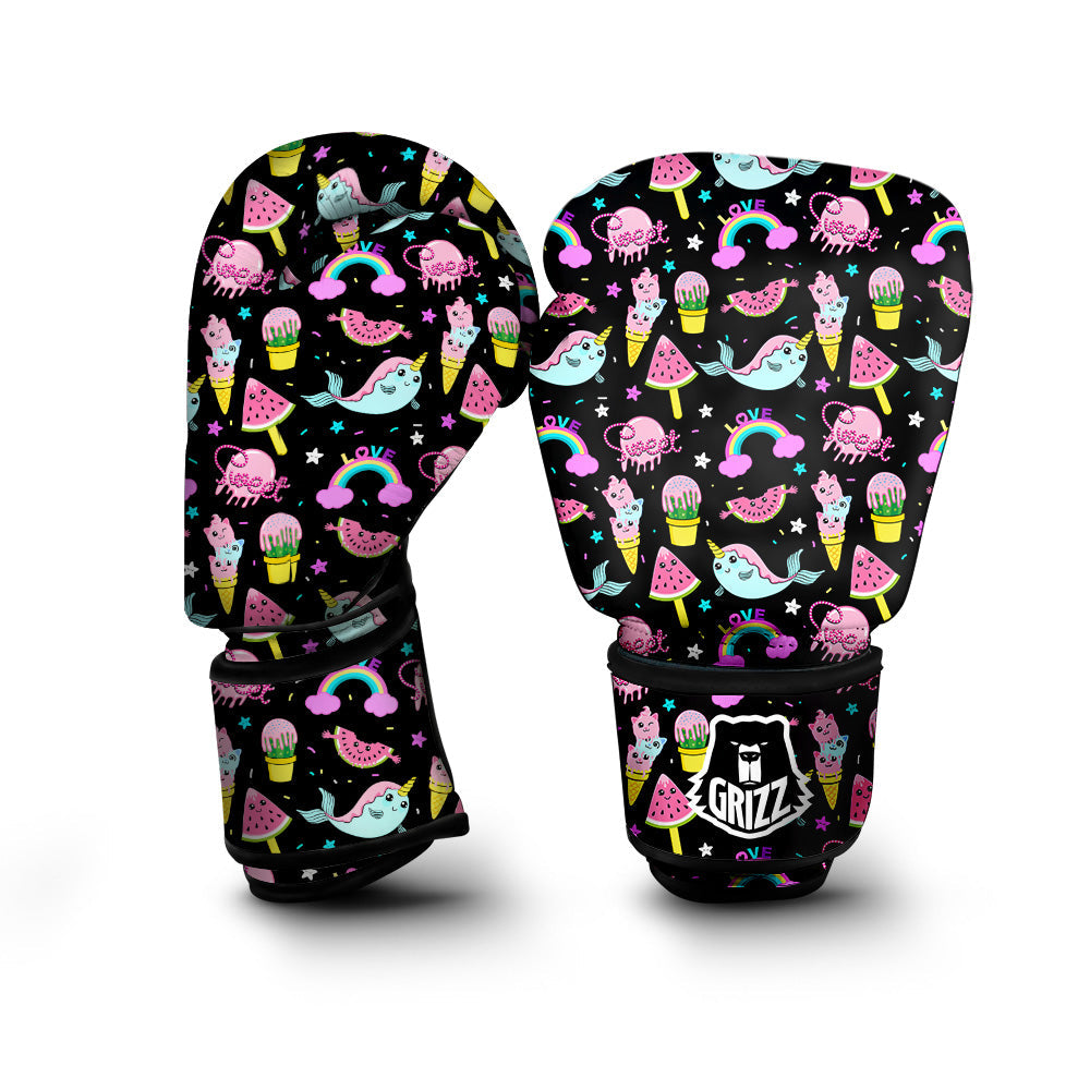 Cute Pink Ice Cream Narwhal Rainbow Print Pattern Boxing Gloves-grizzshop