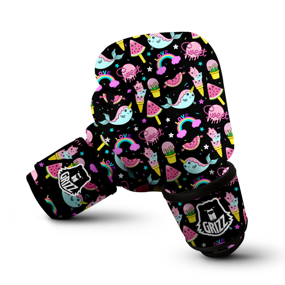 Cute Pink Ice Cream Narwhal Rainbow Print Pattern Boxing Gloves-grizzshop