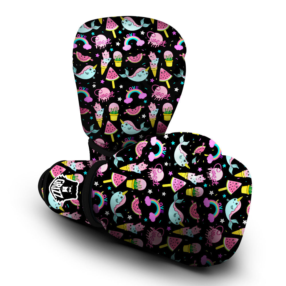 Cute Pink Ice Cream Narwhal Rainbow Print Pattern Boxing Gloves-grizzshop