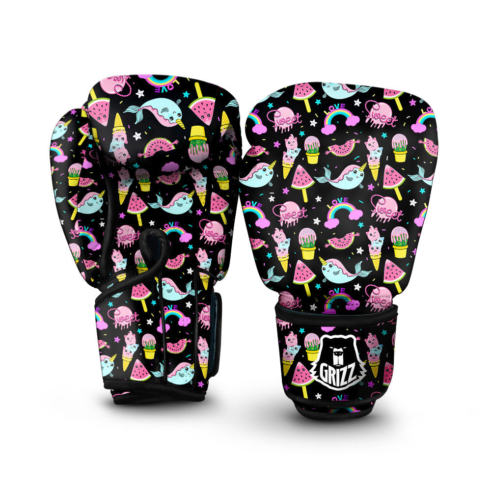 Cute Pink Ice Cream Narwhal Rainbow Print Pattern Boxing Gloves-grizzshop