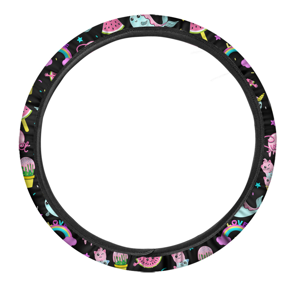 Cute Pink Ice Cream Narwhal Rainbow Print Pattern Car Steering Wheel Cover-grizzshop
