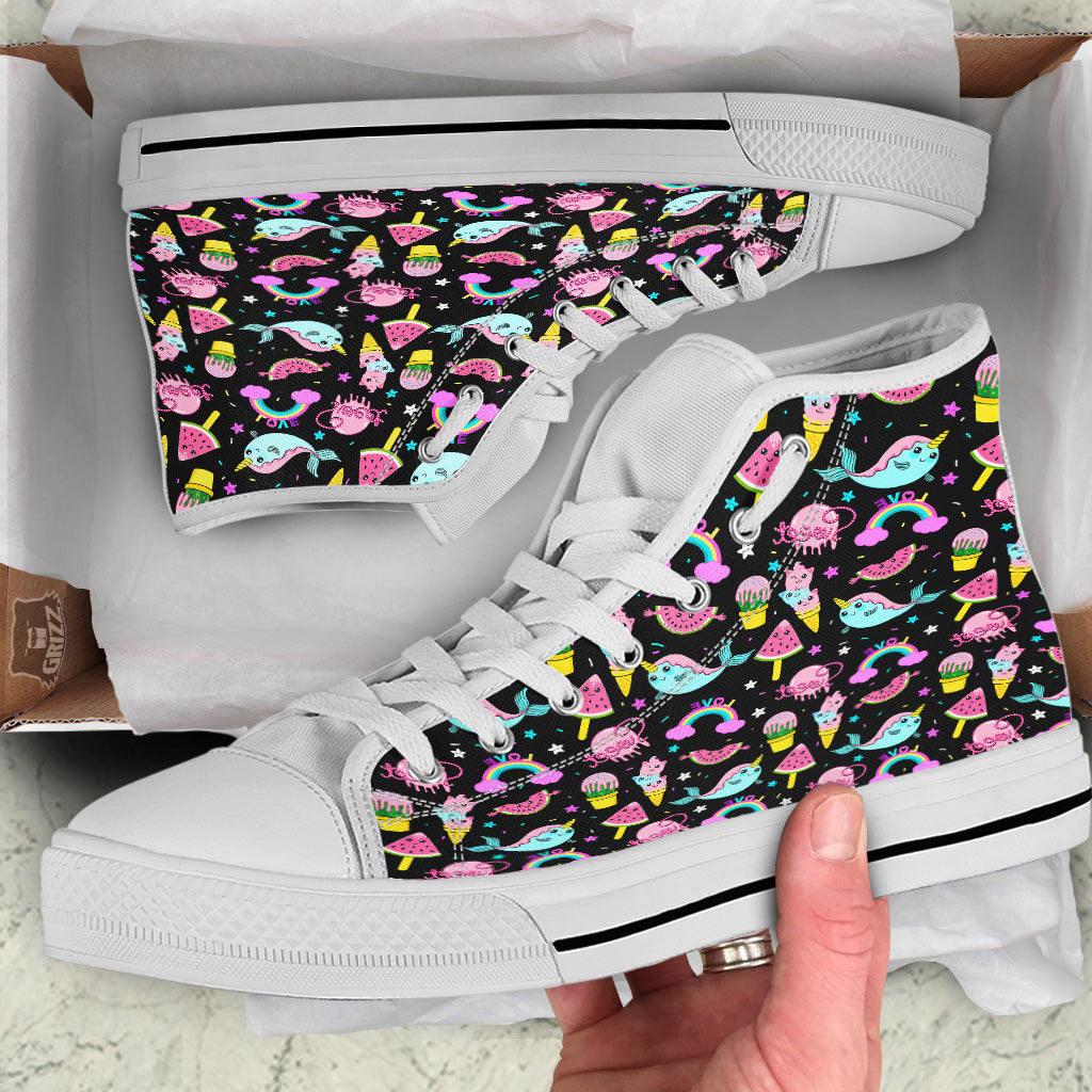 Cute Pink Ice Cream Narwhal Rainbow Print Pattern White High Top Shoes-grizzshop