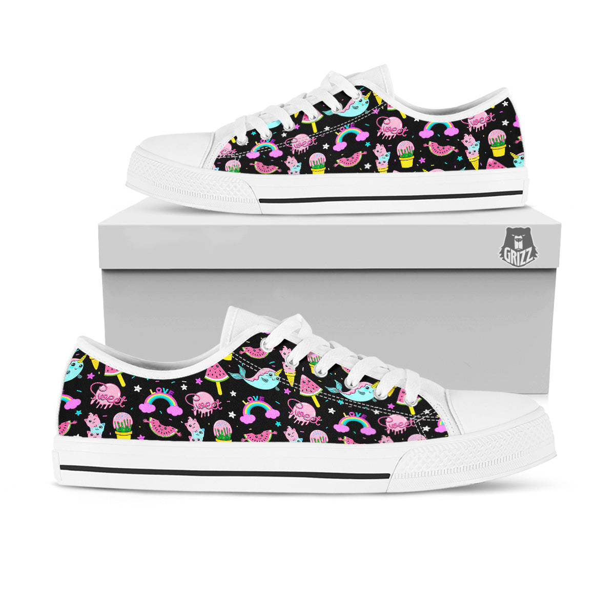 Cute Pink Ice Cream Narwhal Rainbow Print Pattern White Low Top Shoes-grizzshop