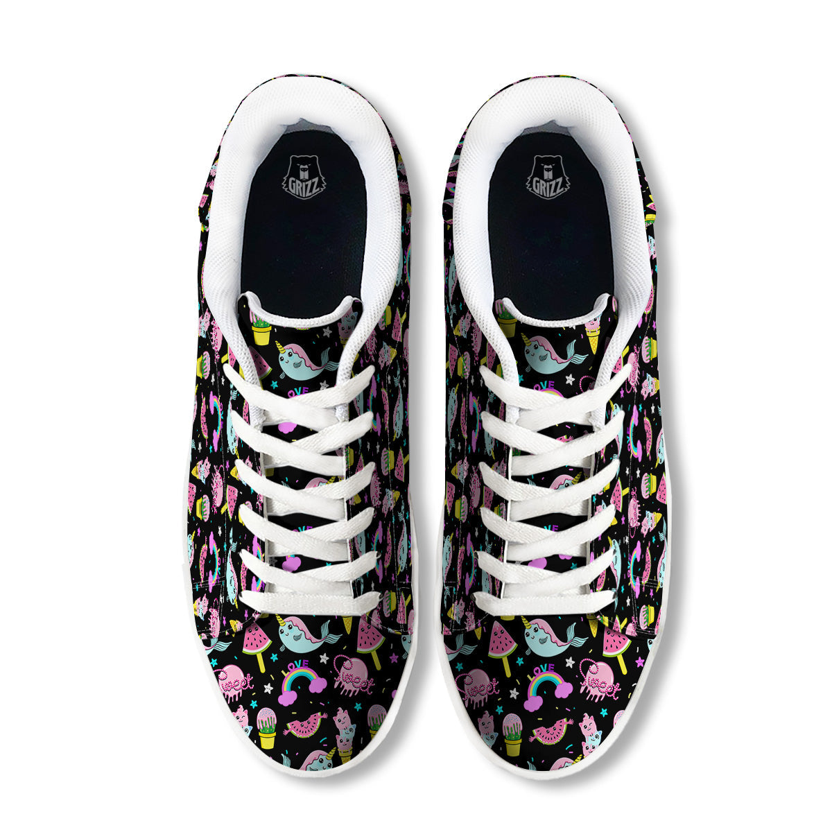 Cute Pink Ice Cream Narwhal Rainbow Print Pattern White Low Top Sneakers-grizzshop