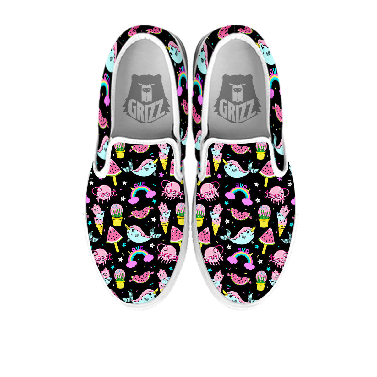 Cute Pink Ice Cream Narwhal Rainbow Print Pattern White Slip On Shoes-grizzshop
