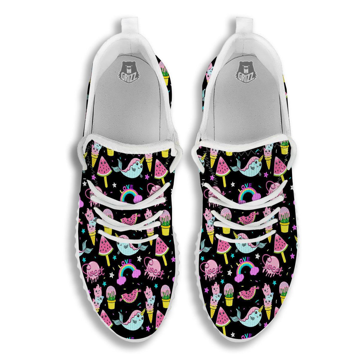 Cute Pink Ice Cream Narwhal Rainbow Print Pattern White Walking Shoes-grizzshop