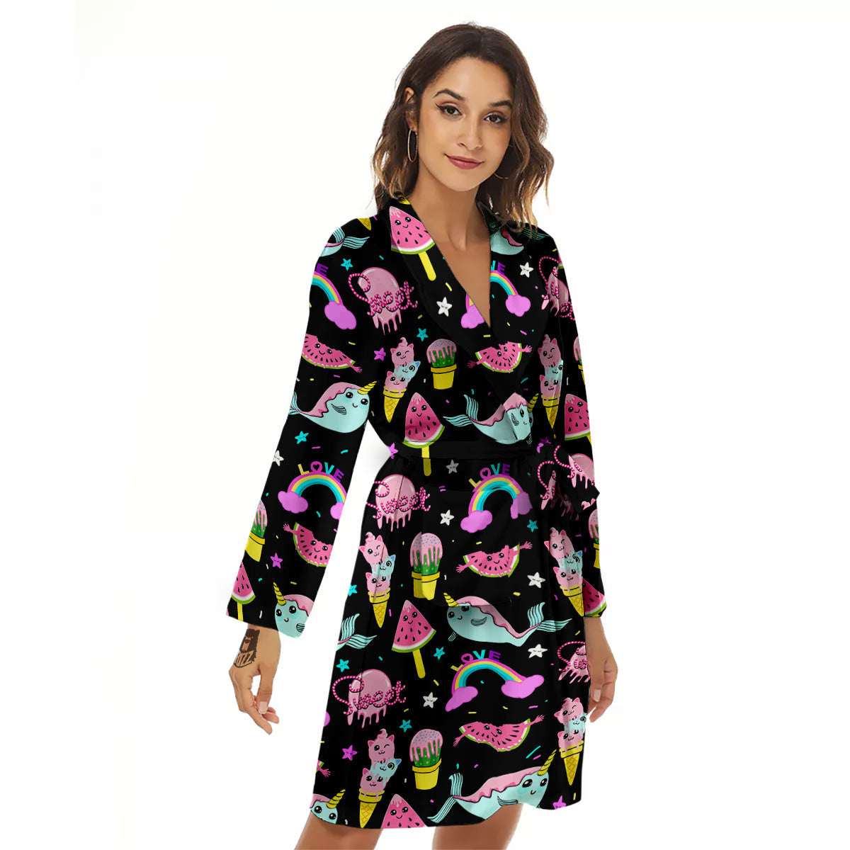 Cute Pink Ice Cream Narwhal Rainbow Print Pattern Women's Robe-grizzshop