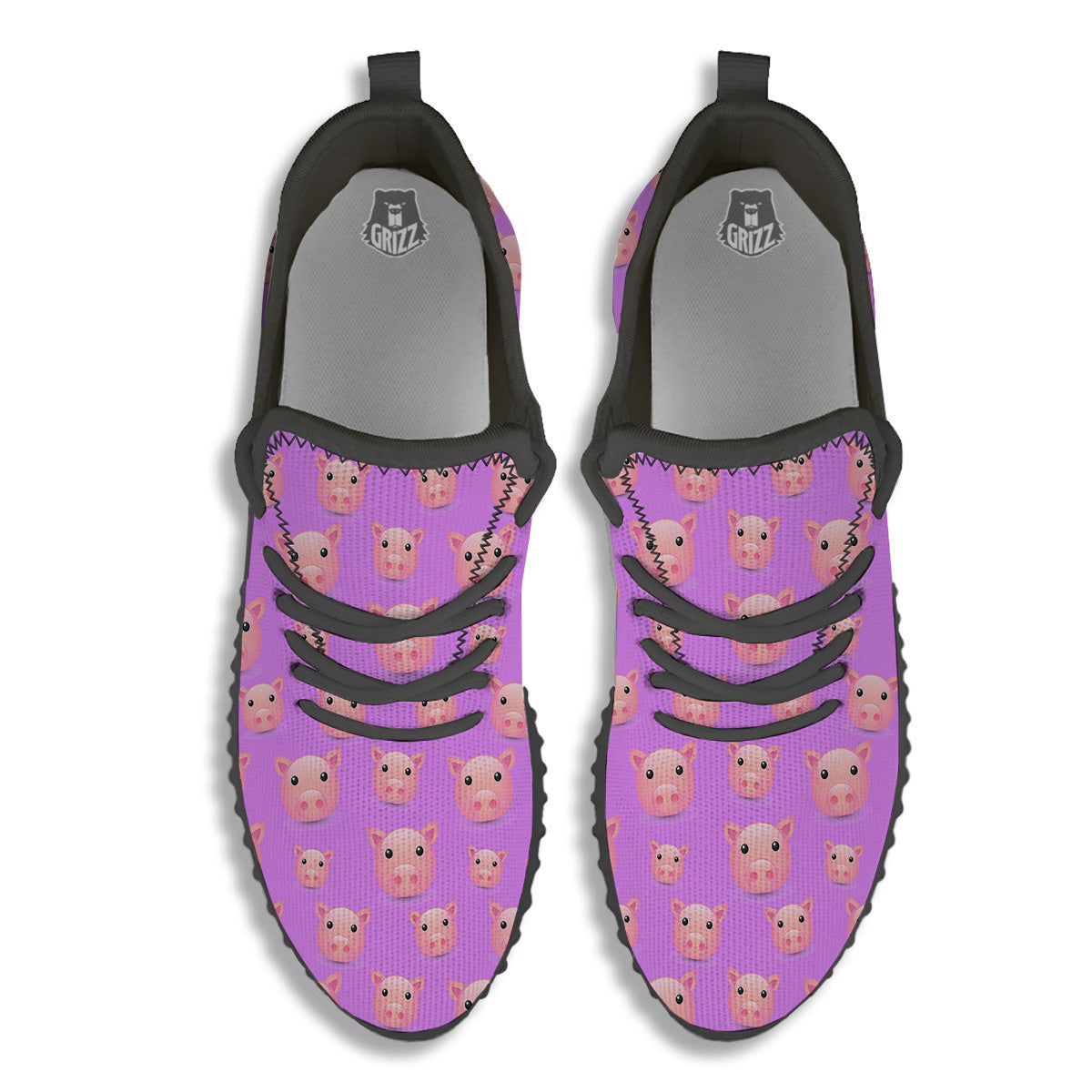 Cute Pink Pig Face Emoji Print Pattern Black Walking Shoes-grizzshop