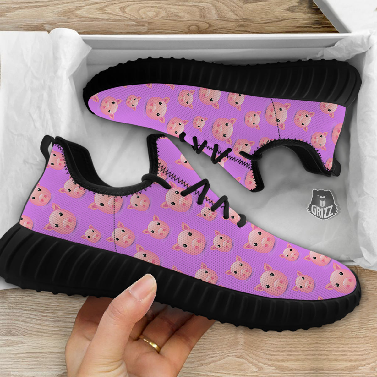 Cute Pink Pig Face Emoji Print Pattern Black Walking Shoes-grizzshop