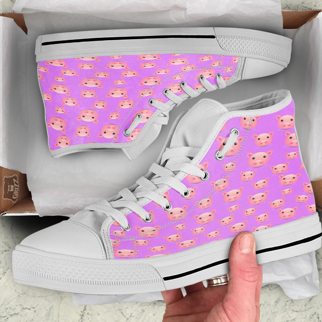 Cute Pink Pig Face Emoji Print Pattern White High Top Shoes-grizzshop