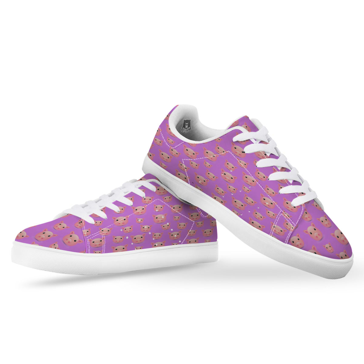 Cute Pink Pig Face Emoji Print Pattern White Low Top Sneakers-grizzshop