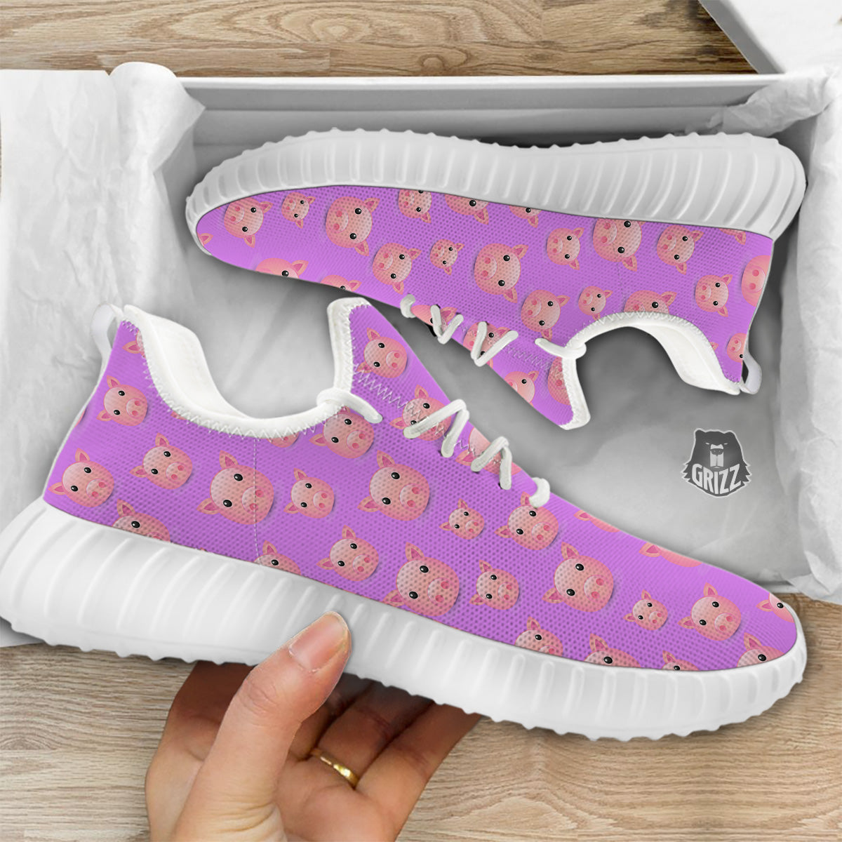 Cute Pink Pig Face Emoji Print Pattern White Walking Shoes-grizzshop