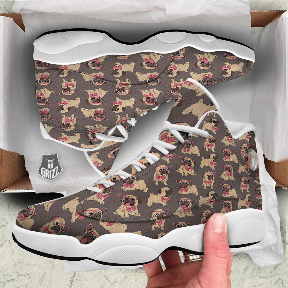 Cute Pug Print Pattern White Basketball Shoes-grizzshop