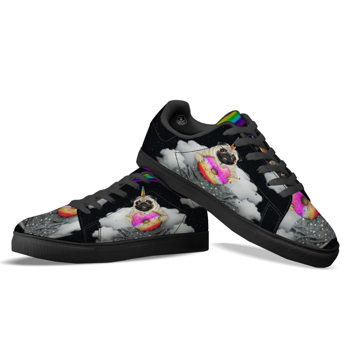 Cute Pug Unicorn Print Black Low Top Sneakers-grizzshop