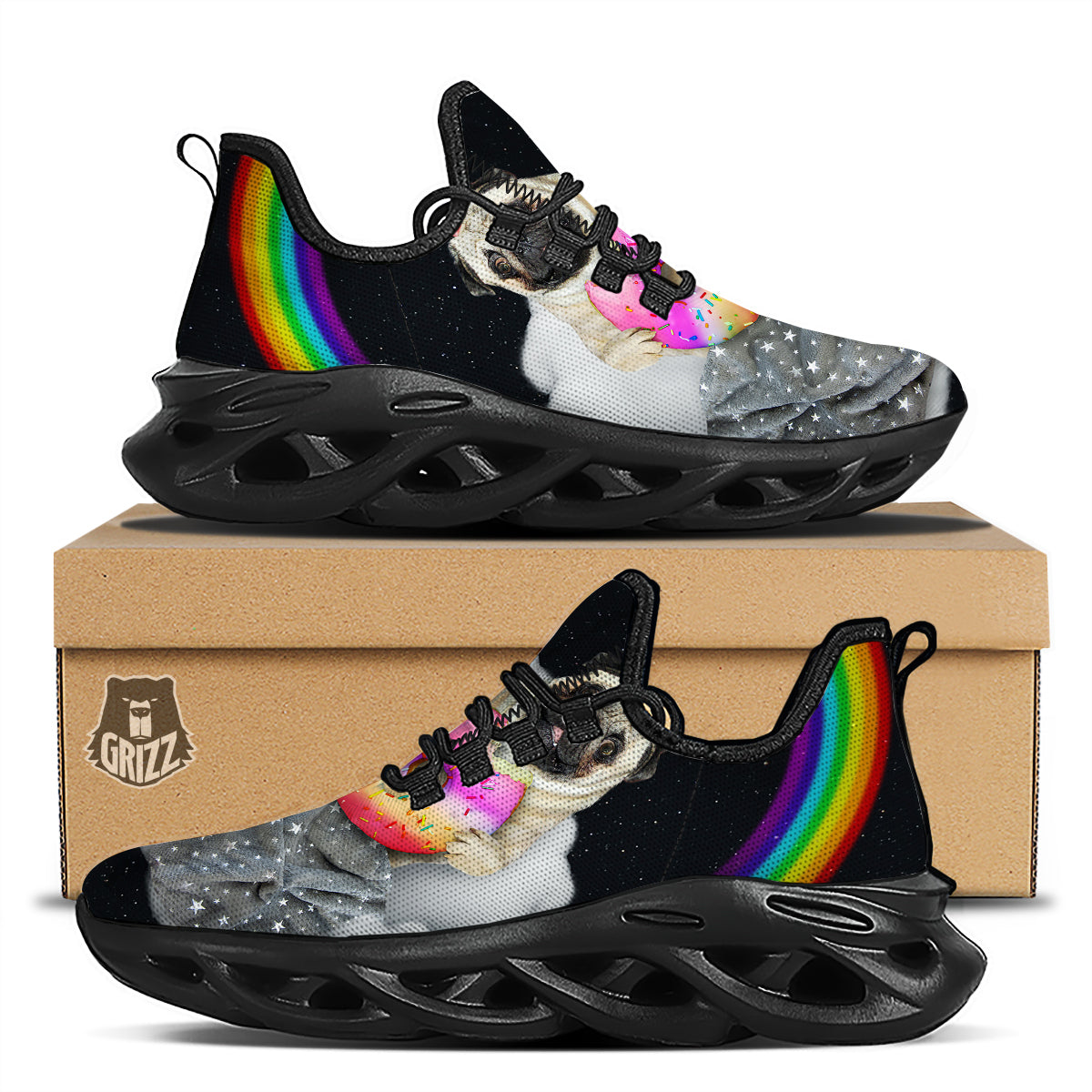 Cute Pug Unicorn Print Black Running Shoes-grizzshop