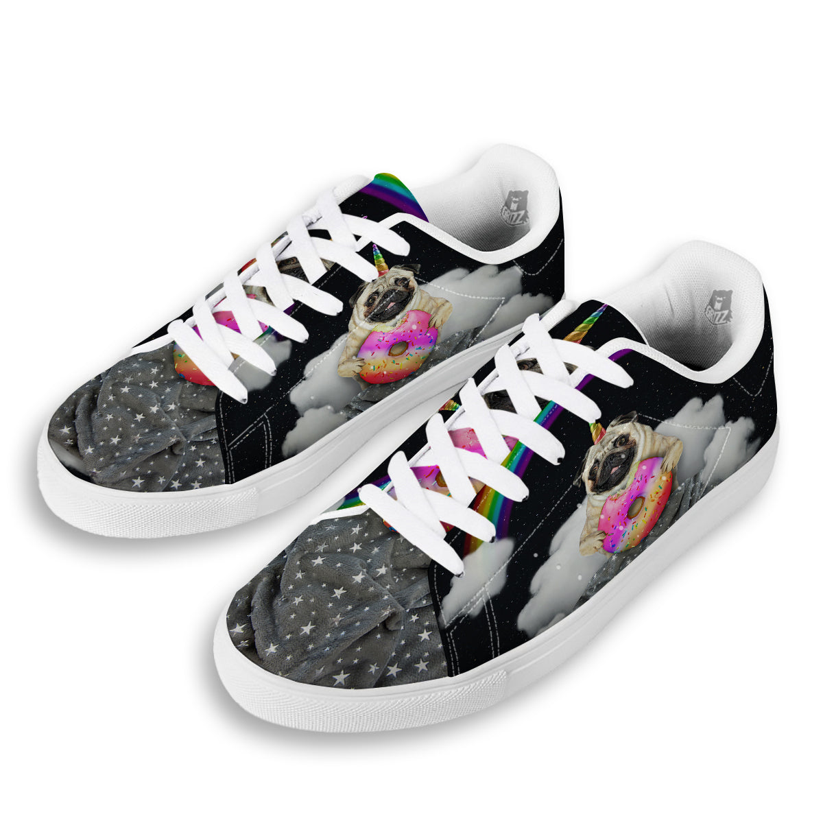 Cute Pug Unicorn Print White Low Top Sneakers-grizzshop
