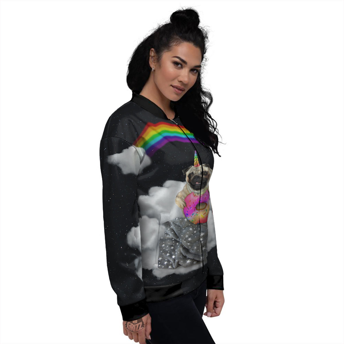 Cute Pug Unicorn Print Women's Bomber Jacket-grizzshop