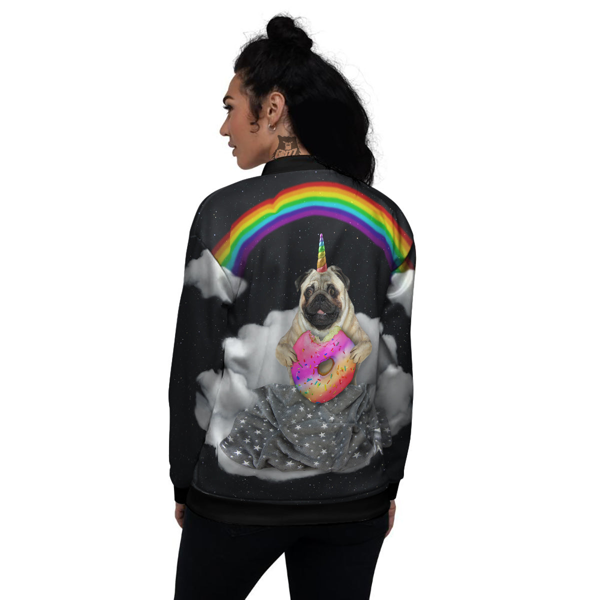 Cute Pug Unicorn Print Women's Bomber Jacket-grizzshop