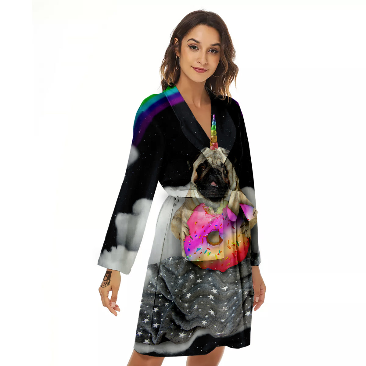 Cute Pug Unicorn Print Women's Robe-grizzshop