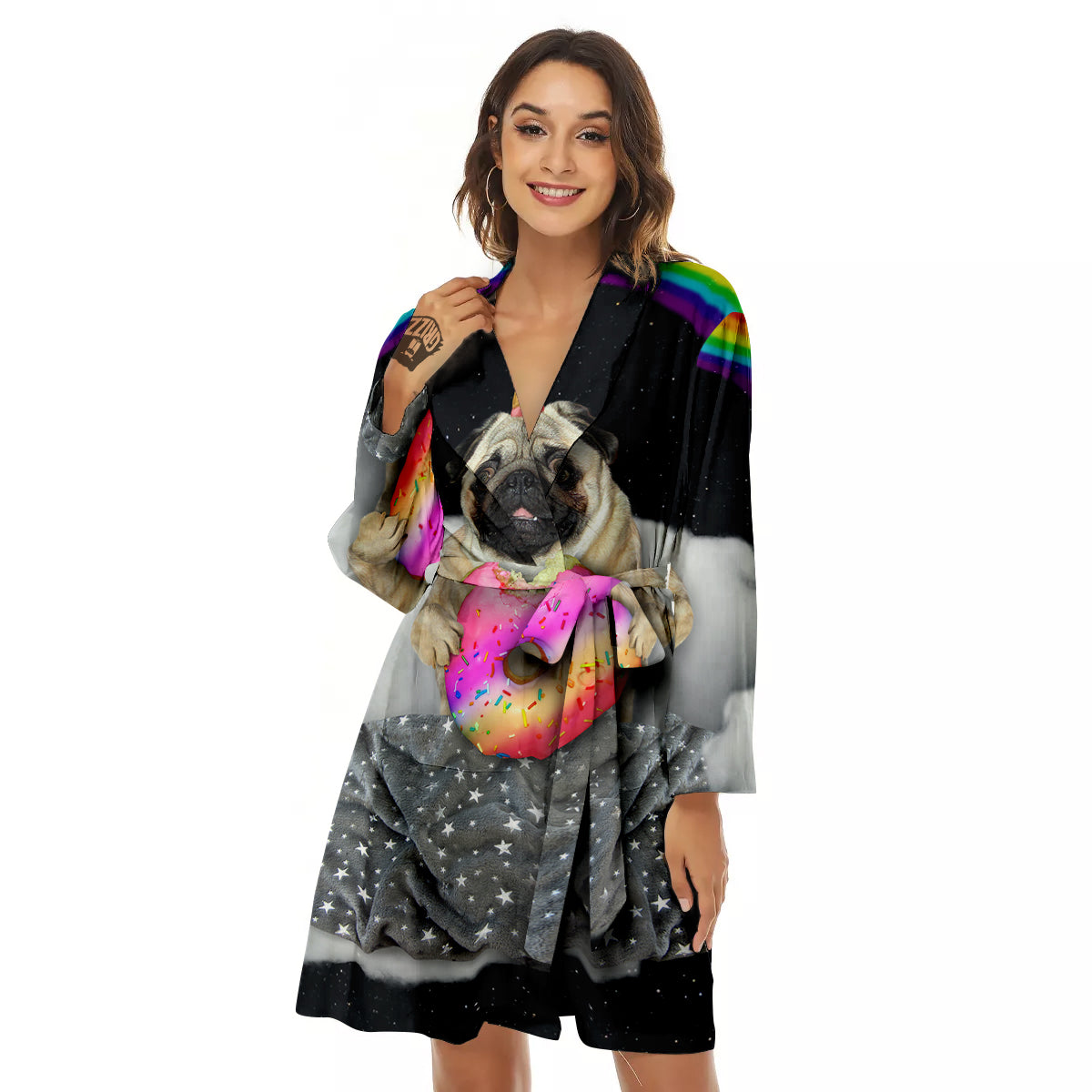 Cute Pug Unicorn Print Women's Robe-grizzshop