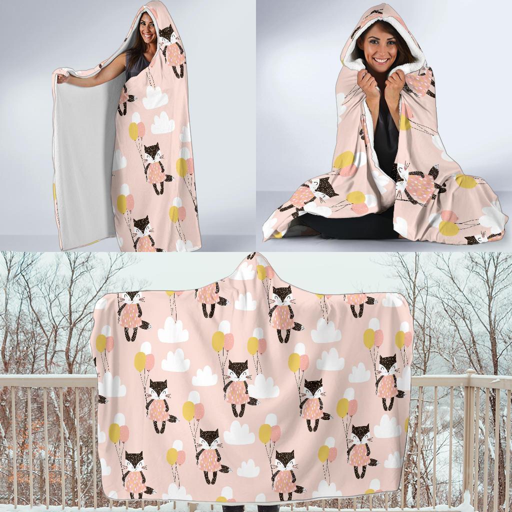 Cute Raccoon Hot Air Balloon Pattern Print Hooded Blanket-grizzshop