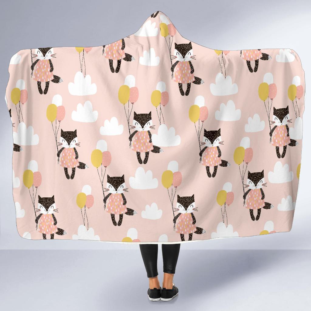 Cute Raccoon Hot Air Balloon Pattern Print Hooded Blanket-grizzshop