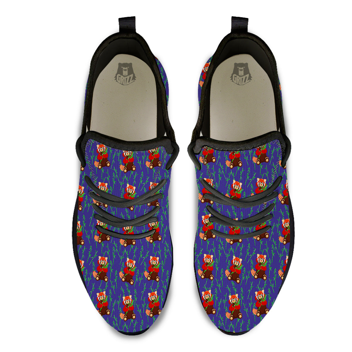 Cute Red Raccoon And Bamboo Print Pattern Black Athletic Shoes-grizzshop