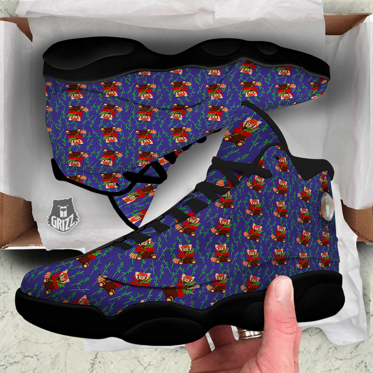 Cute Red Raccoon And Bamboo Print Pattern Black Basketball Shoes-grizzshop