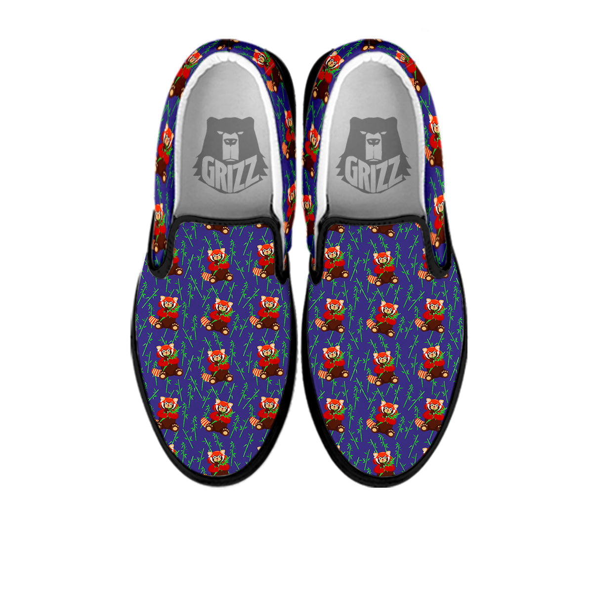Cute Red Raccoon And Bamboo Print Pattern Black Slip On Shoes-grizzshop
