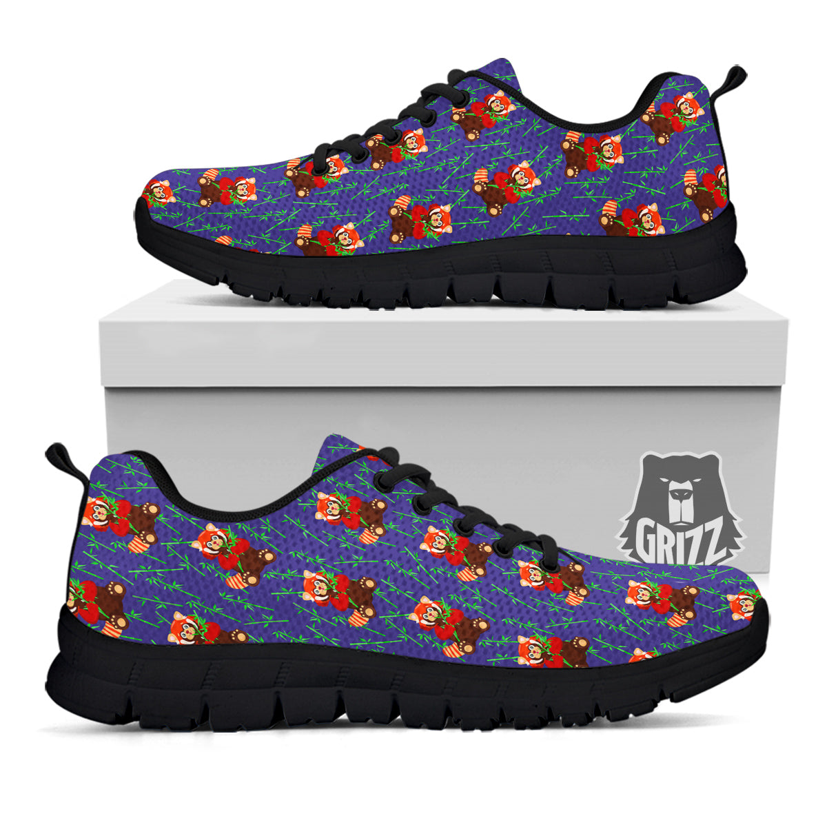 Cute Red Raccoon And Bamboo Print Pattern Black Sneaker-grizzshop