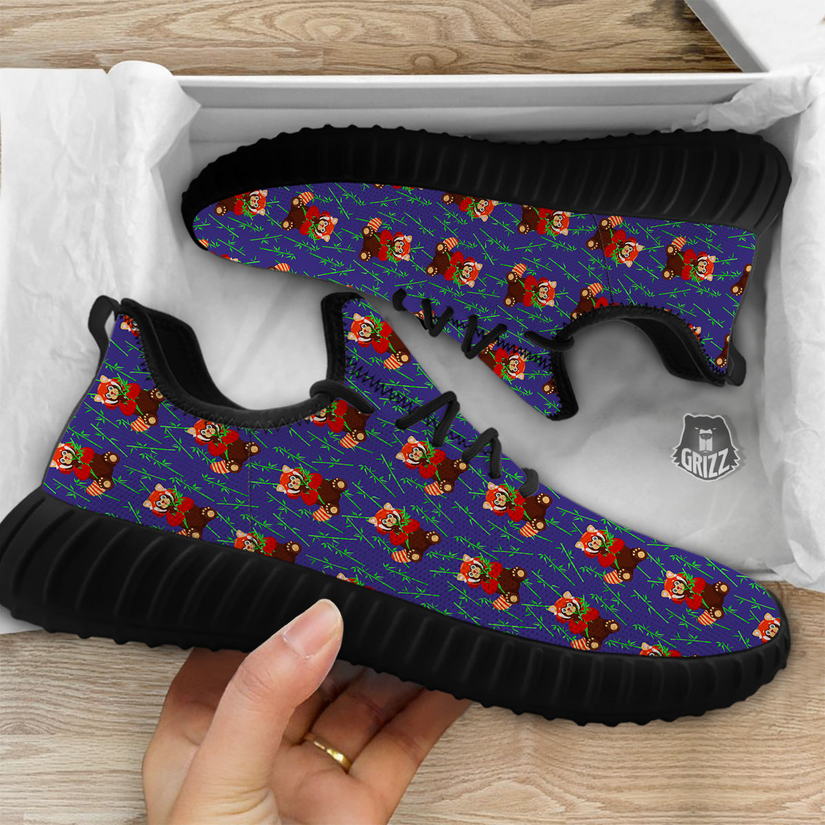 Cute Red Raccoon And Bamboo Print Pattern Black Walking Shoes-grizzshop