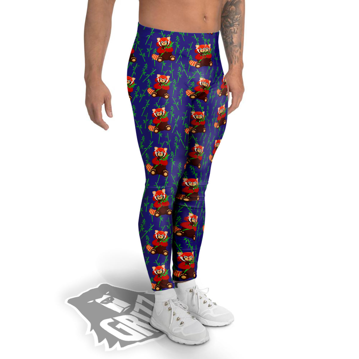 Cute Red Raccoon And Bamboo Print Pattern Men's Leggings-grizzshop