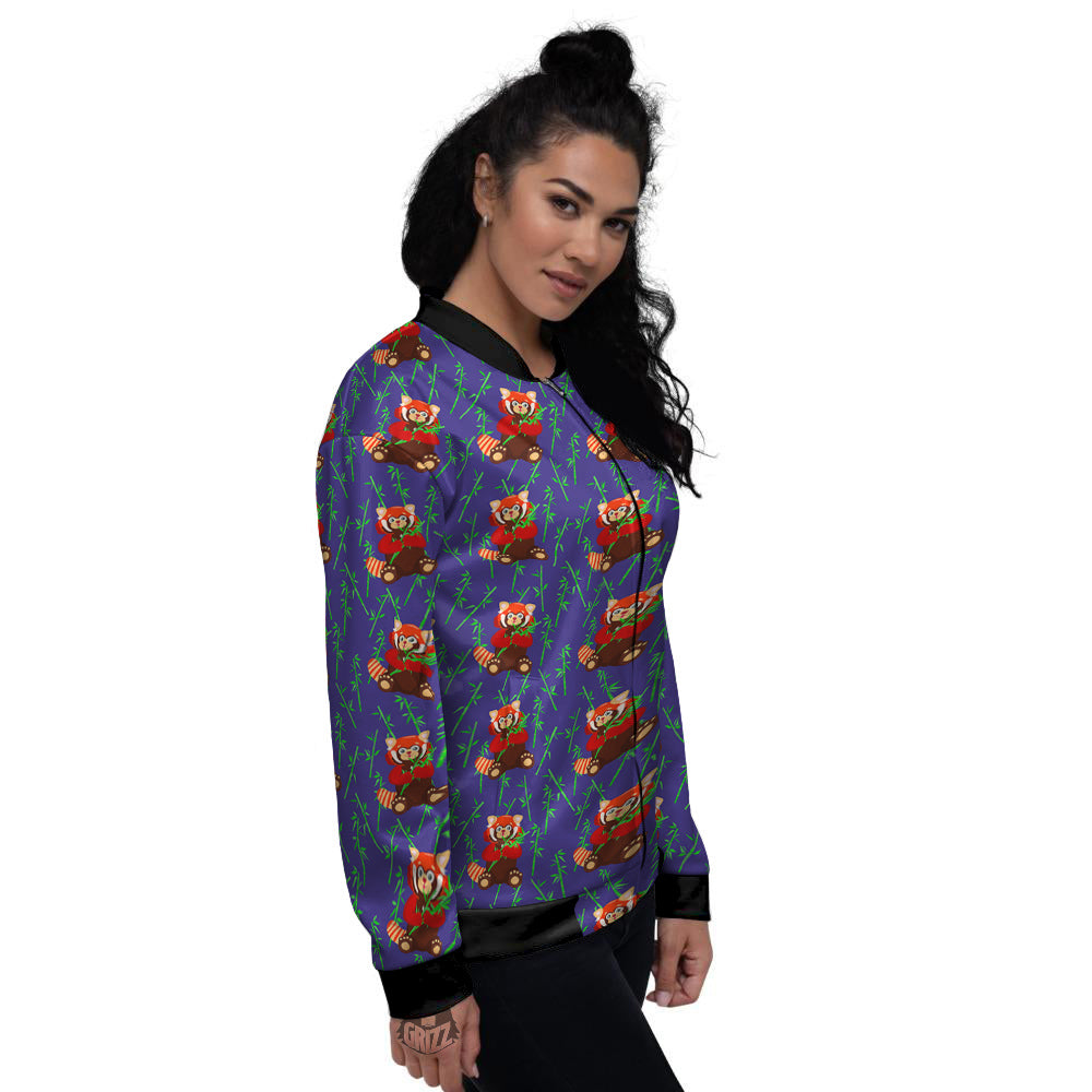 Cute Red Raccoon And Bamboo Print Pattern Women's Bomber Jacket-grizzshop