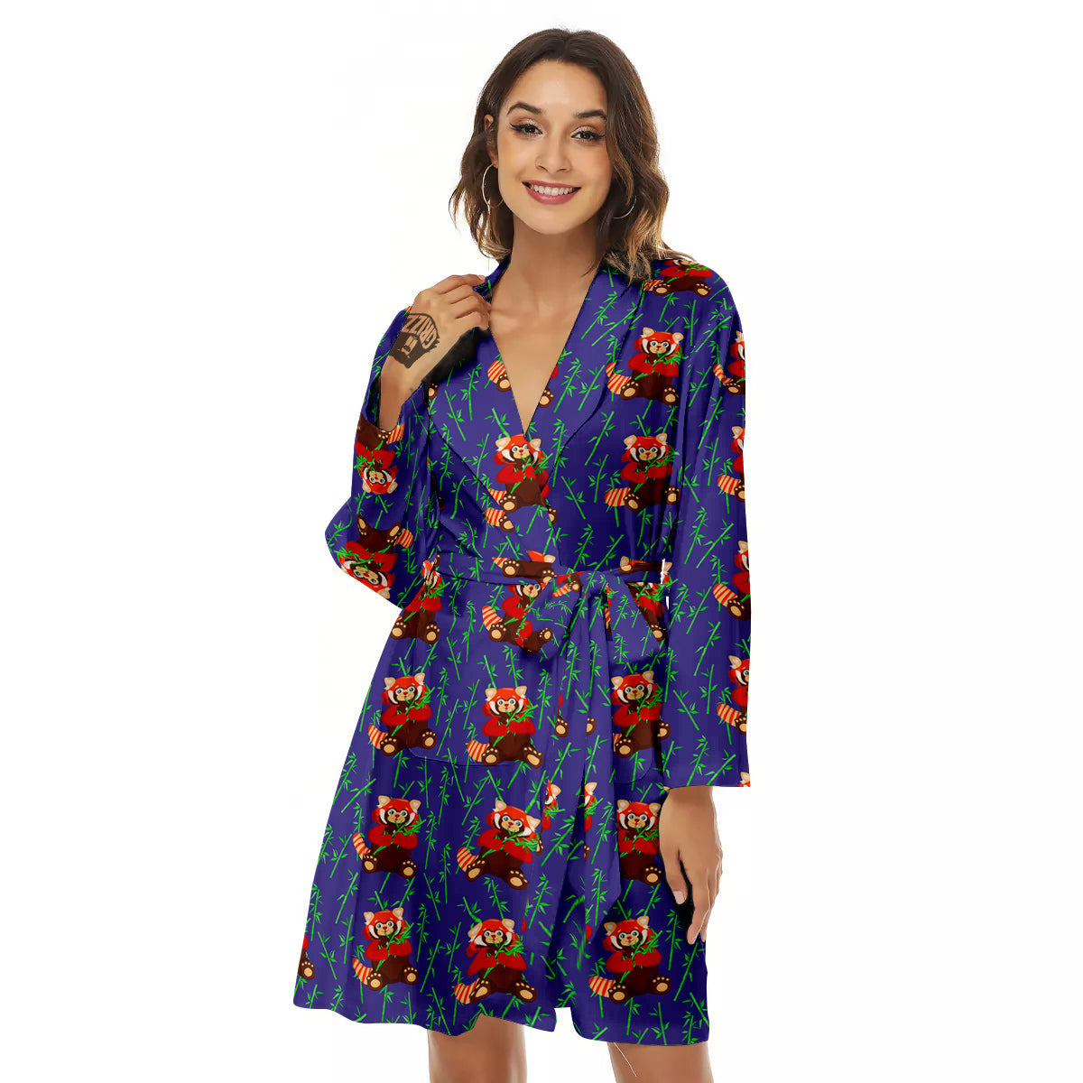 Cute Red Raccoon And Bamboo Print Pattern Women's Robe-grizzshop