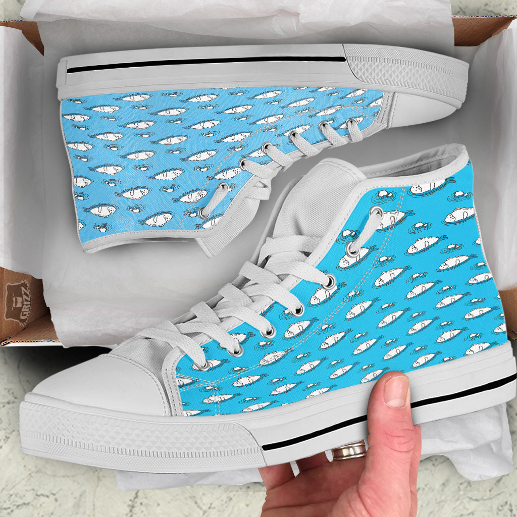Cute Seal Swim Print Pattern White High Top Shoes-grizzshop