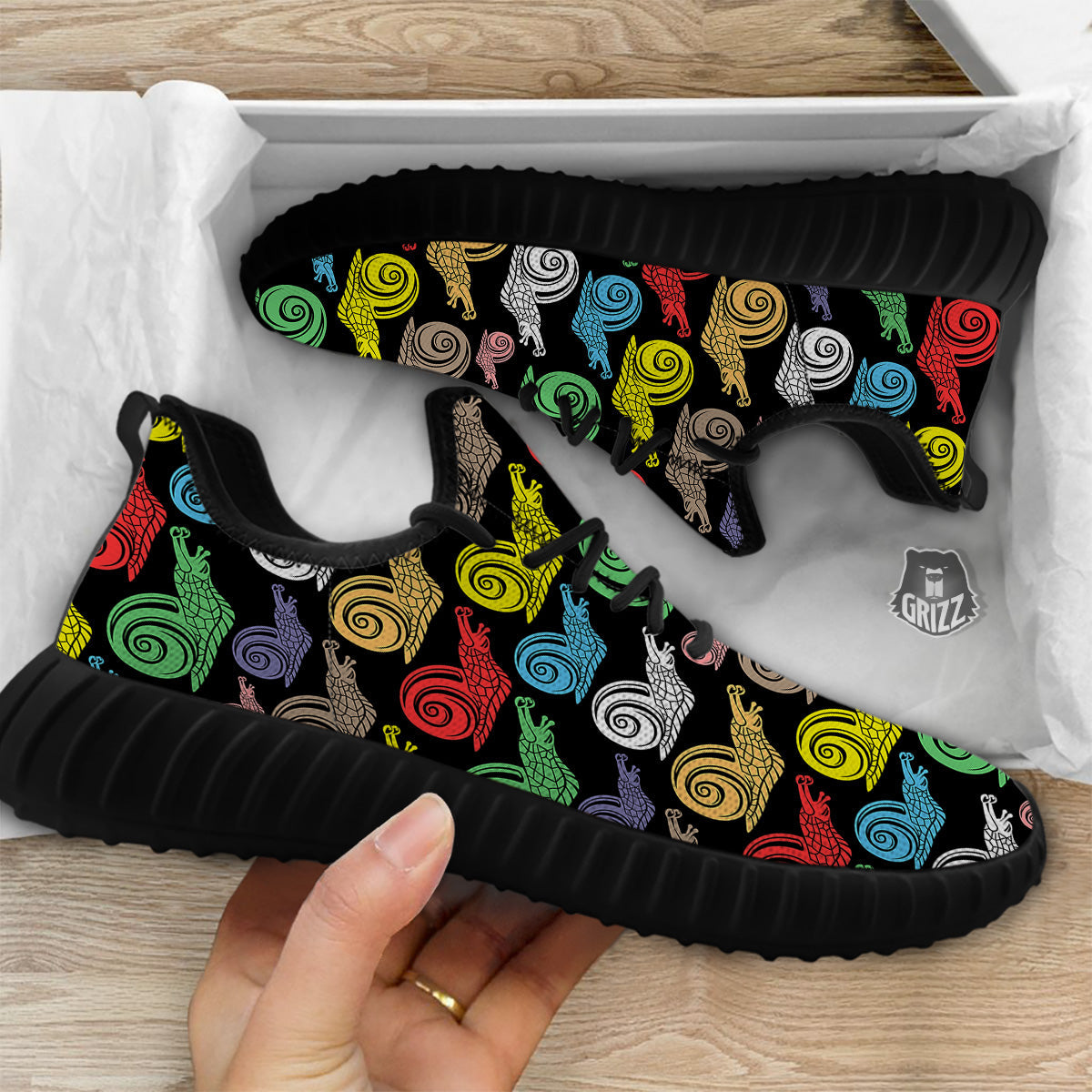 Cute Snails Colorful Print Pattern Black Walking Shoes-grizzshop