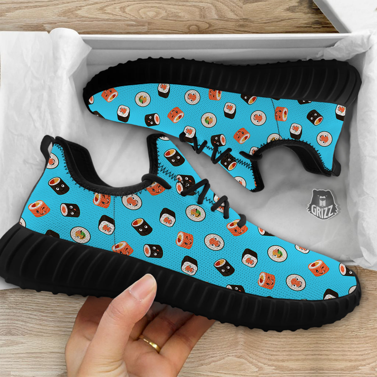 Cute Sushi Rolls Print Pattern Black Walking Shoes-grizzshop