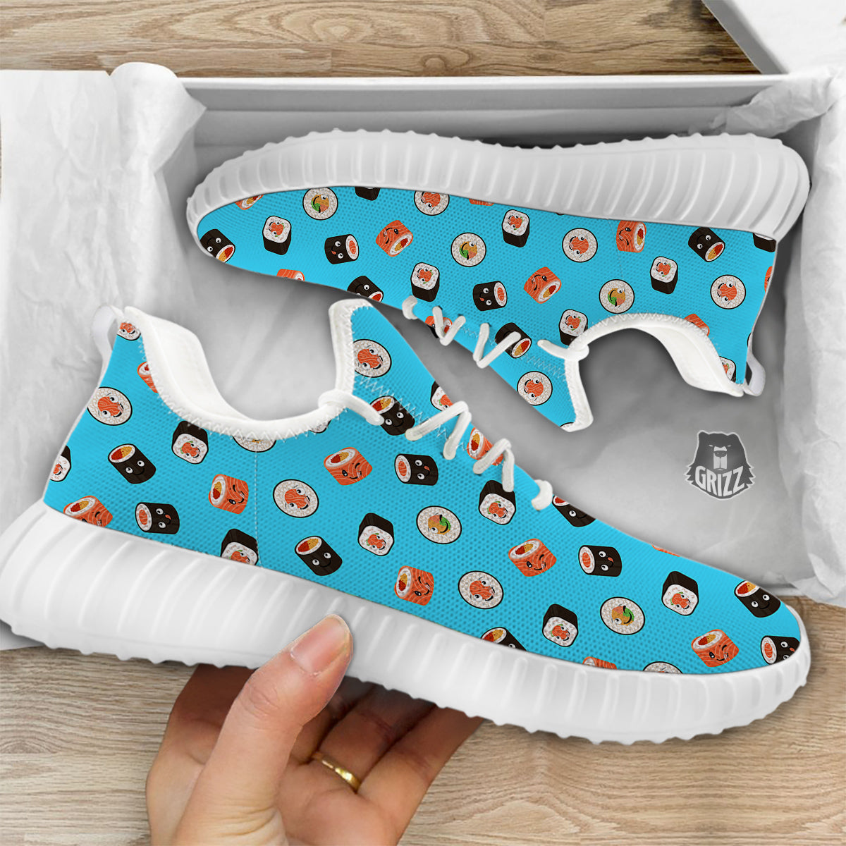 Cute Sushi Rolls Print Pattern White Walking Shoes-grizzshop