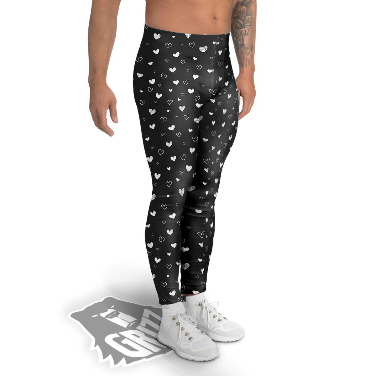 Cute White Heart And Black Print Pattern Men's Leggings-grizzshop