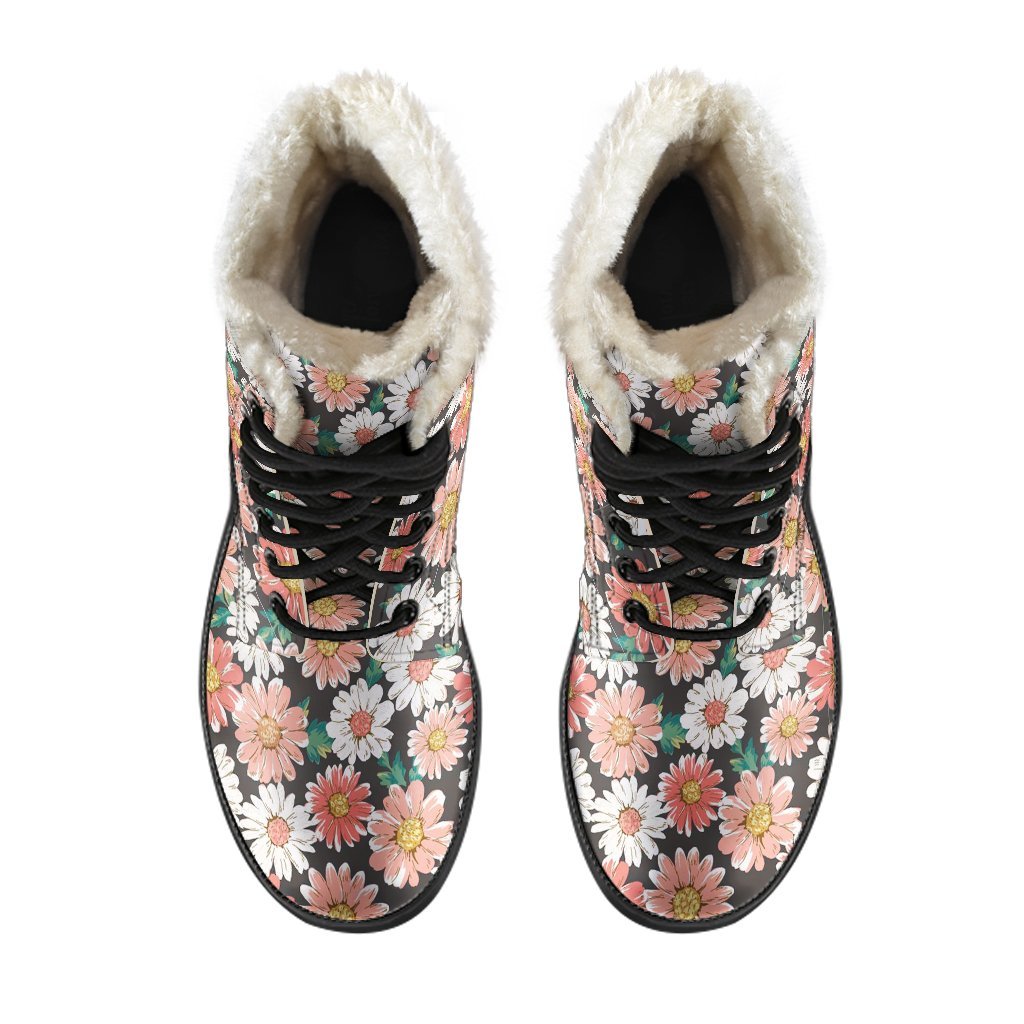 Cute White Pink Daisy Pattern Print Comfy Winter Boots-grizzshop