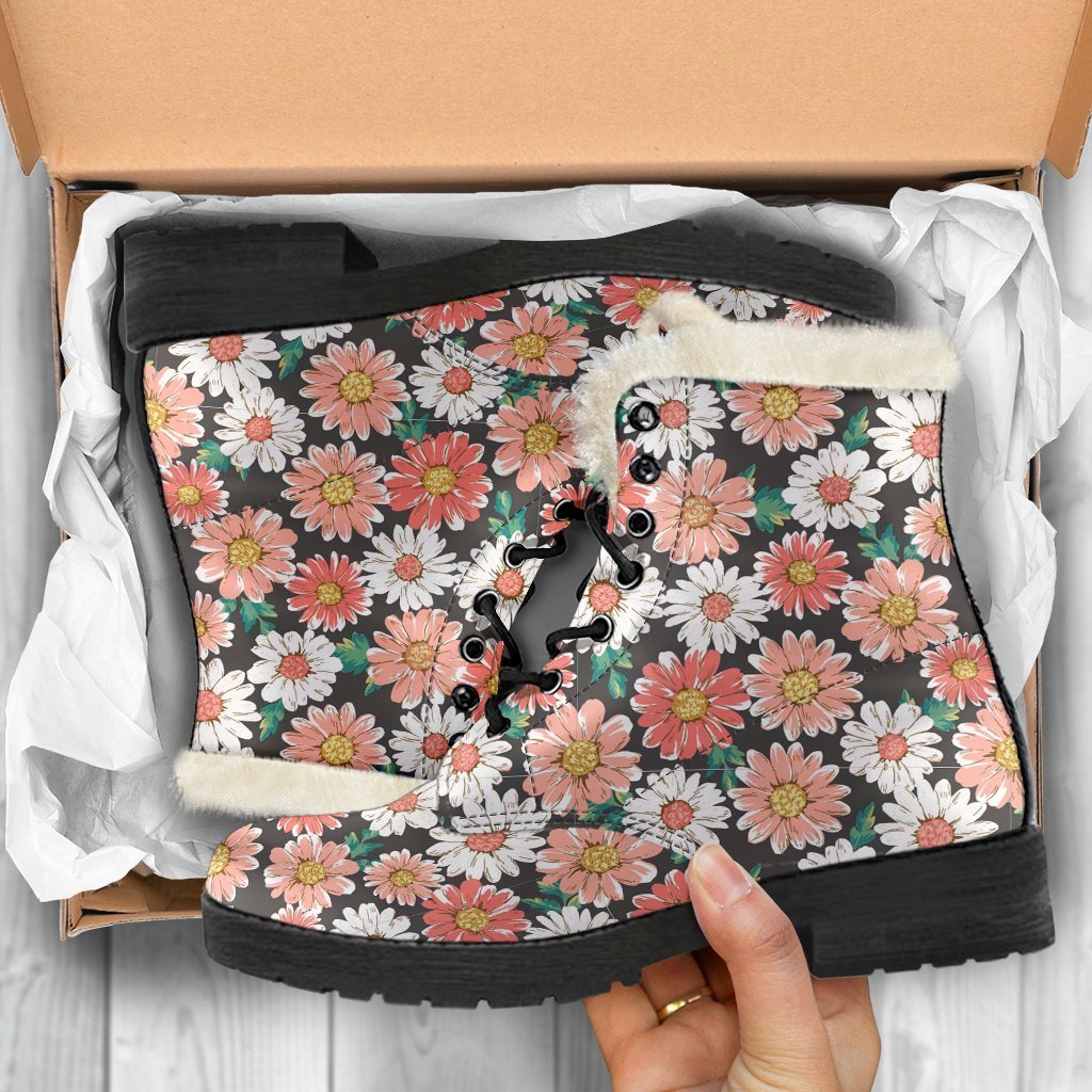 Cute White Pink Daisy Pattern Print Comfy Winter Boots-grizzshop