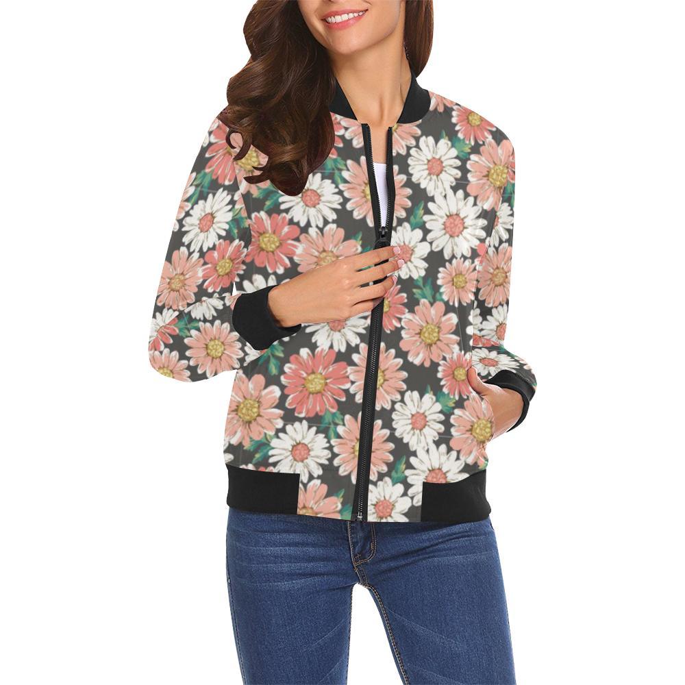 Cute White Pink Daisy Pattern Print Women Casual Bomber Jacket-grizzshop