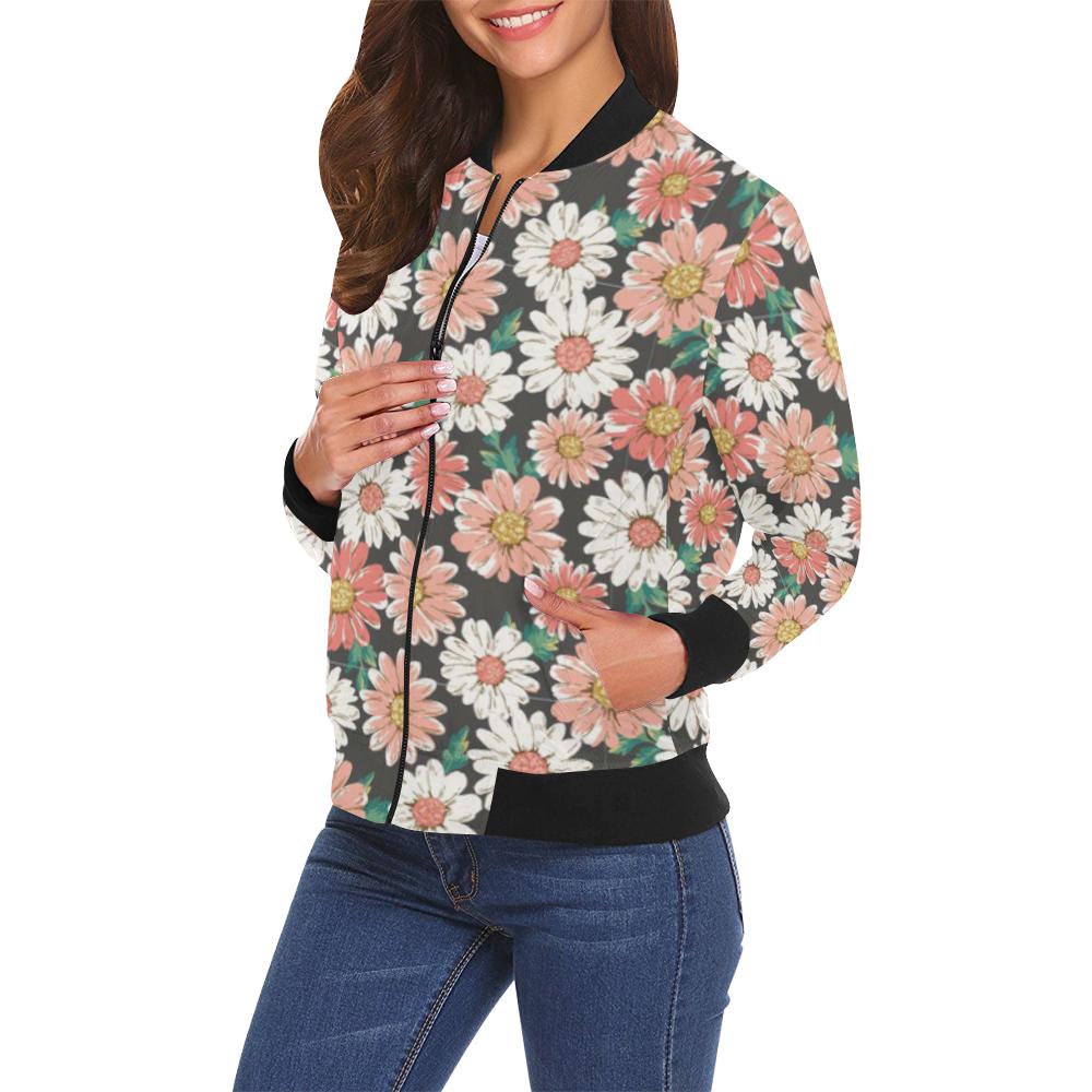 Cute White Pink Daisy Pattern Print Women Casual Bomber Jacket-grizzshop