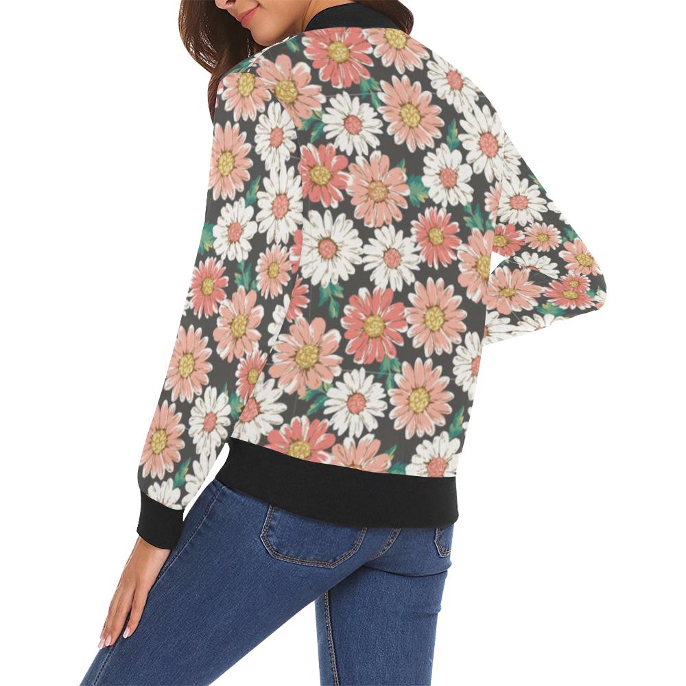 Cute White Pink Daisy Pattern Print Women Casual Bomber Jacket-grizzshop