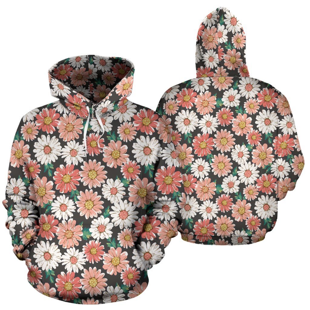 Cute White Pink Daisy Pattern Print Women Men Pullover Hoodie-grizzshop