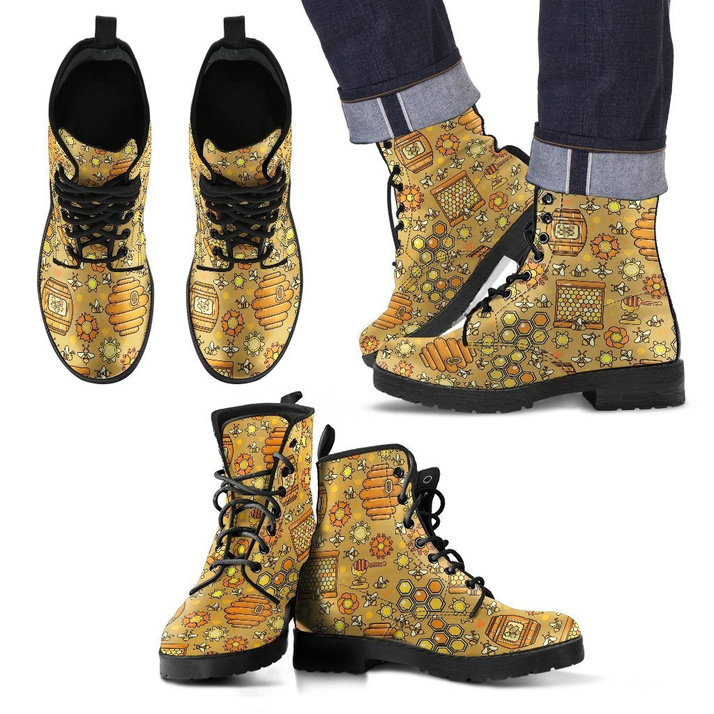 Cute Bee Honey Gifts Pattern Print Men Women Leather Boots-grizzshop