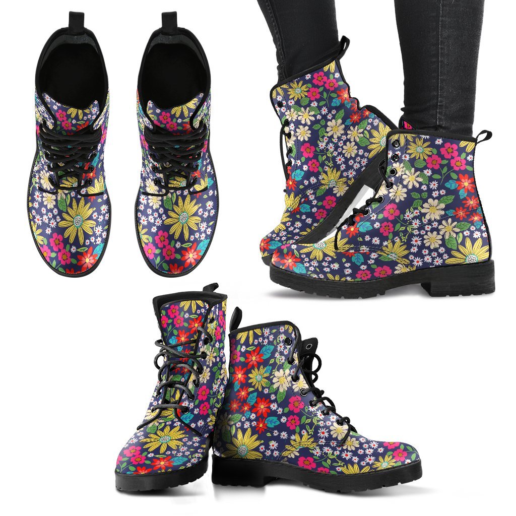 Cute Colorful Daisy Pattern Print Men Women Leather Boots-grizzshop